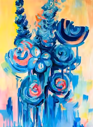 Florals, But Make It Jazz: blue and teal flowers dripping down a warm yellow and pink ground