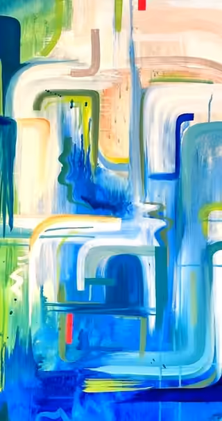 Splish Splash Clickity Clack: layered blue, white and lime abstract shapes